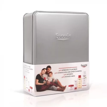Eucerin családi csomag fémdobozban - kímélő tusfürdő, kímélő sampon, kézkrém, intenzív krém