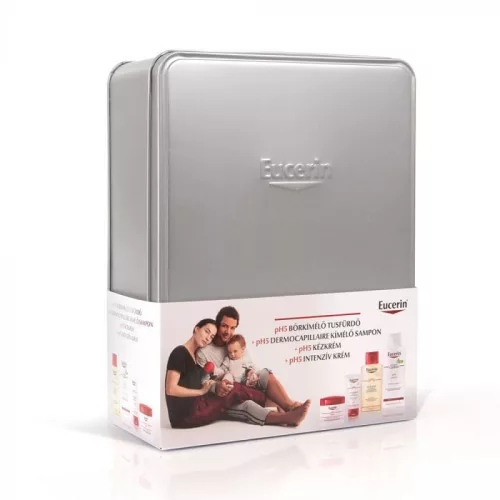Eucerin családi csomag fémdobozban - kímélő tusfürdő, kímélő sampon, kézkrém, intenzív krém